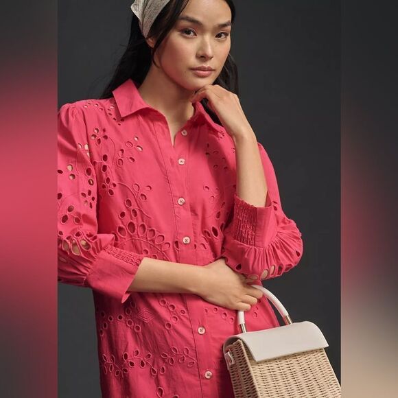 Anthropologie Eyelet Long Sleeve Embroidered Button-Down Mini Dress NWT - Picture 6 of 15